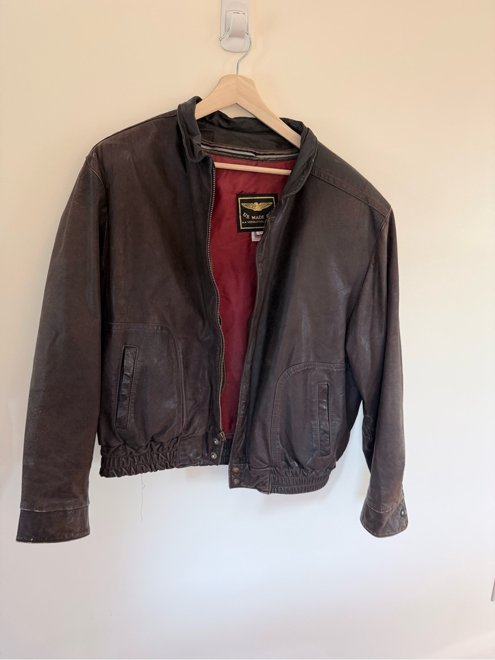 Vintage Brown Leather Bomber Jacket with Red Lining